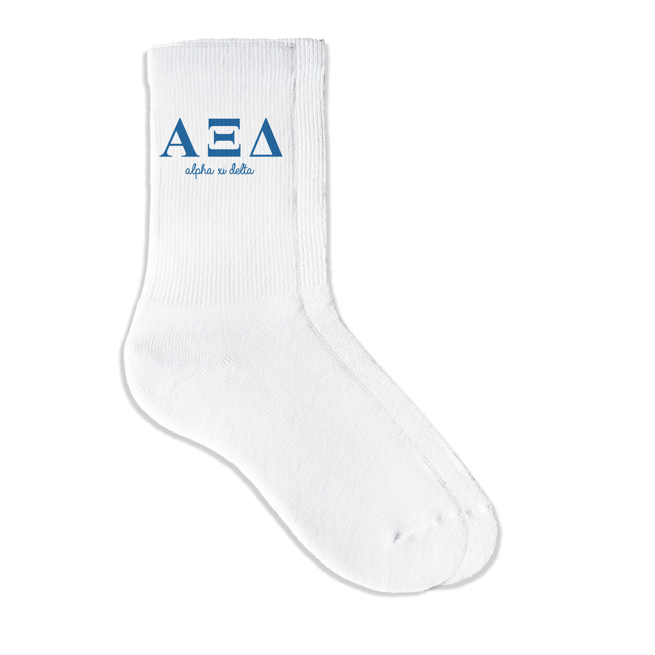 Alpha Xi Delta sorority crew socks featuring Greek letters and sorority name on white sporty crew socks