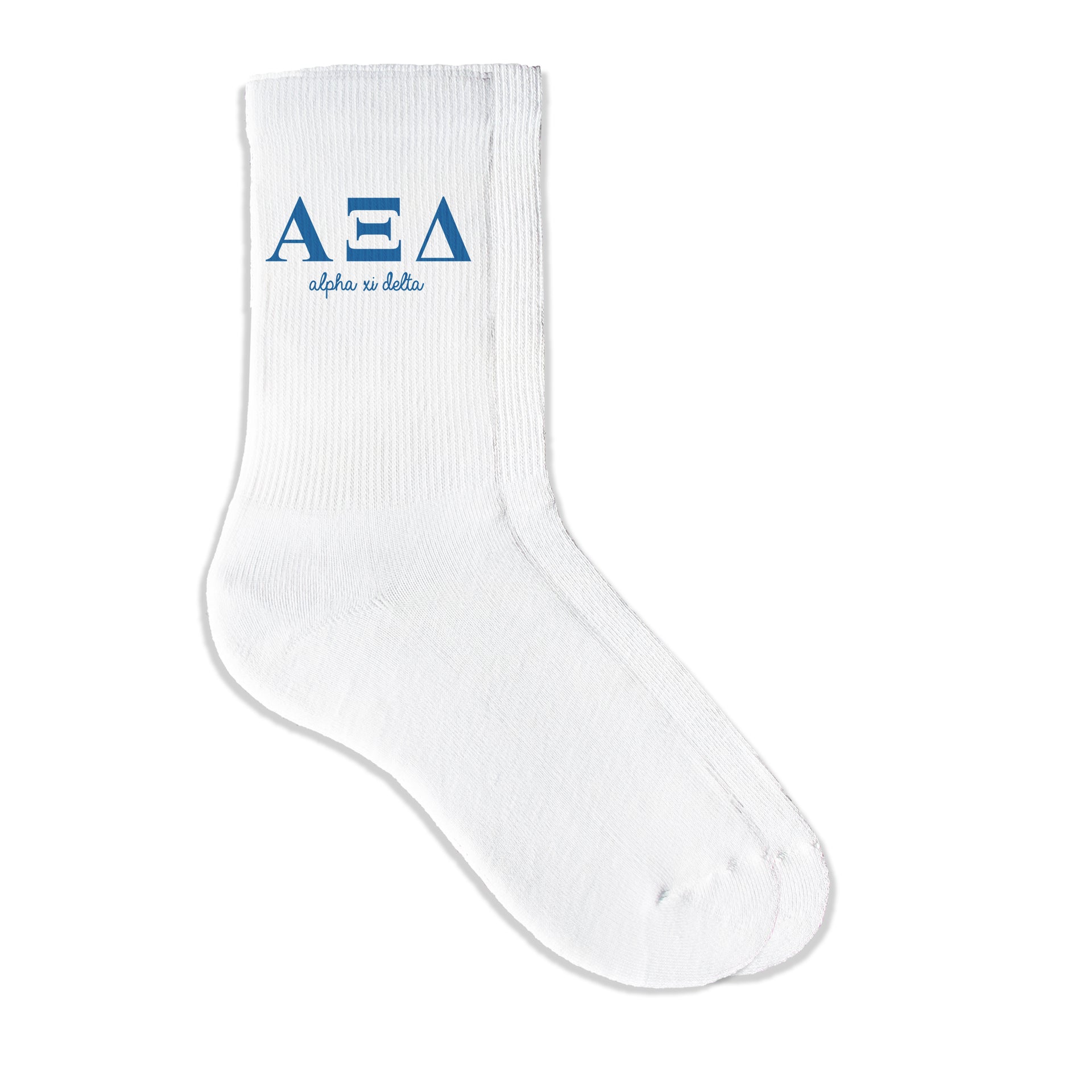 Alpha Xi Delta sorority crew socks featuring Greek letters and sorority name on white sporty crew socks