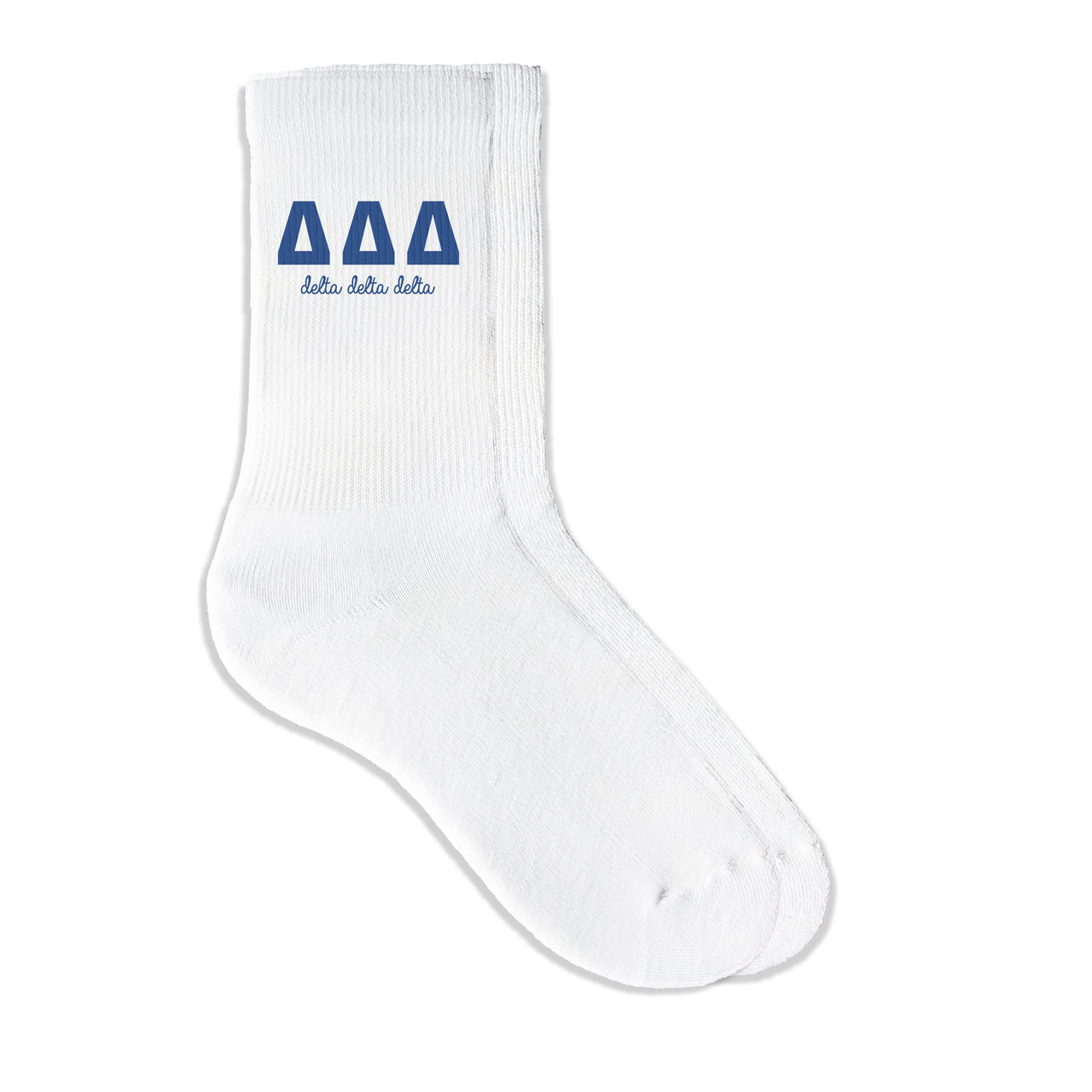 Delta Delta Delta sorority crew socks featuring Greek letters and sorority name on white sporty crew socks