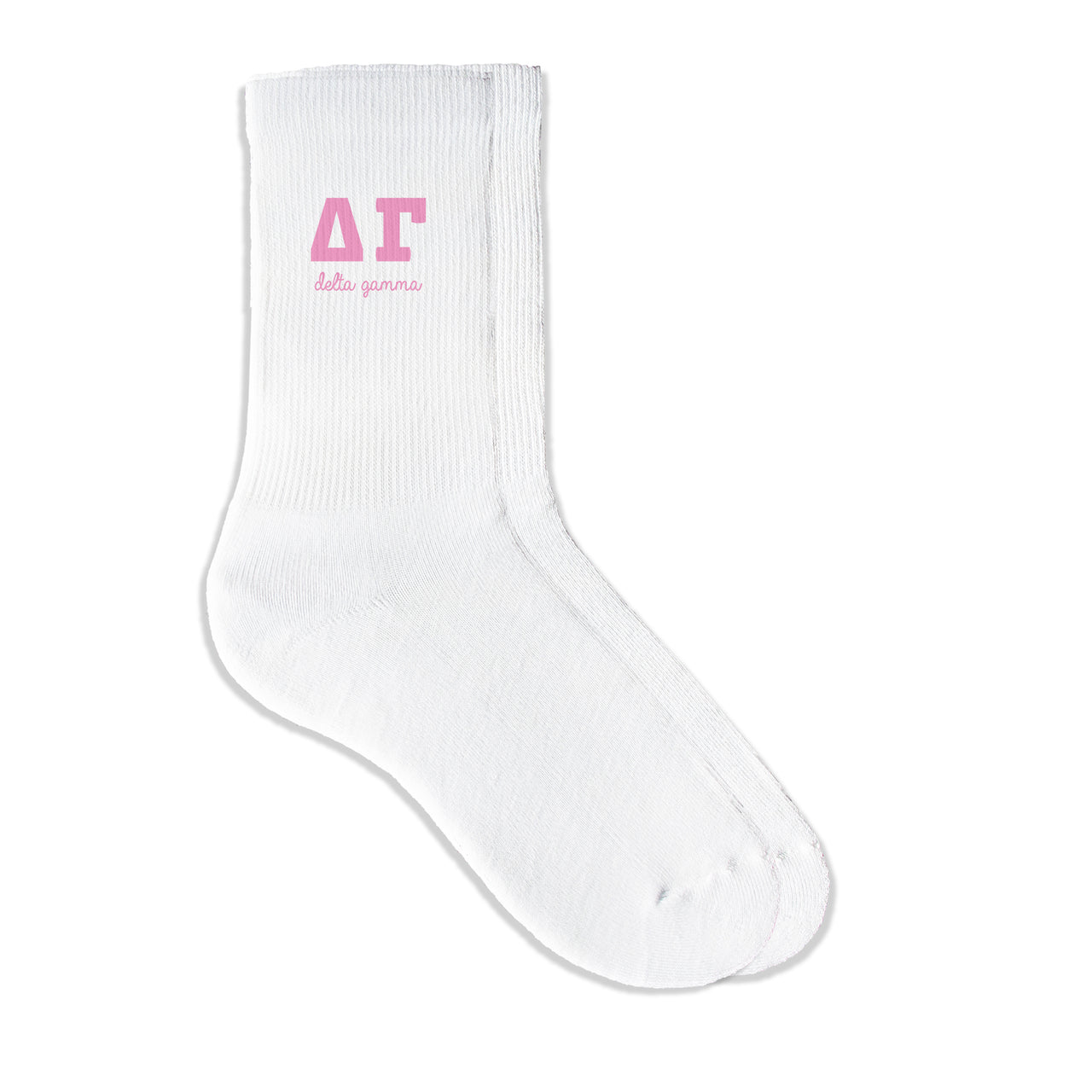 Delta Gamma sorority crew socks featuring Greek letters and sorority name on white sporty crew socks