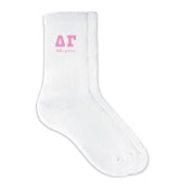 Delta Gamma sorority crew socks featuring Greek letters and sorority name on white sporty crew socks