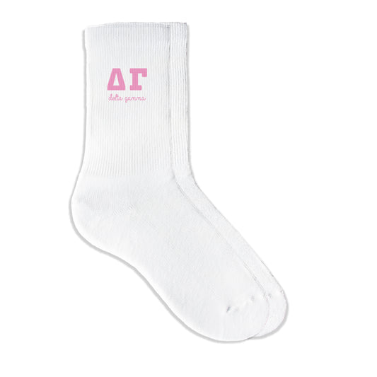 Delta Gamma sorority crew socks featuring Greek letters and sorority name on white sporty crew socks