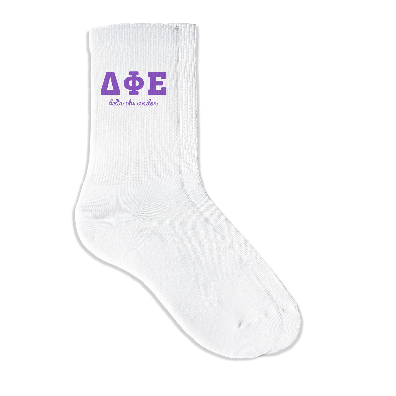 Delta Phi Epsilon sorority crew socks featuring Greek letters and sorority name on white sporty crew socks