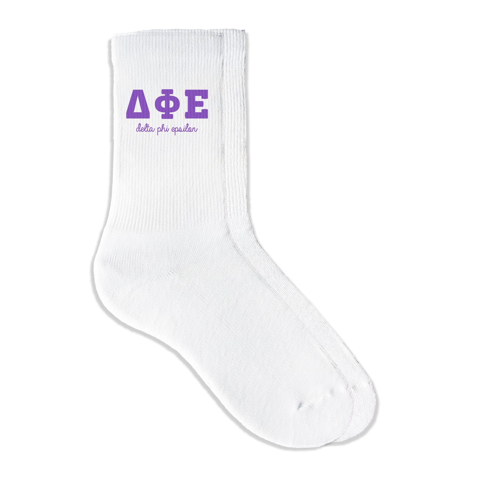 Delta Phi Epsilon sorority crew socks featuring Greek letters and sorority name on white sporty crew socks