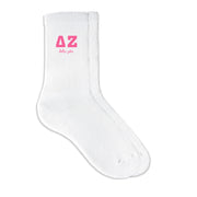 Delta Zeta sorority crew socks featuring Greek letters and sorority name on white sporty crew socks