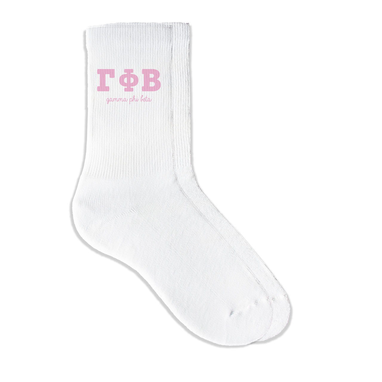 Gamma Phi Beta sorority crew socks featuring Greek letters and sorority name on white sporty crew socks