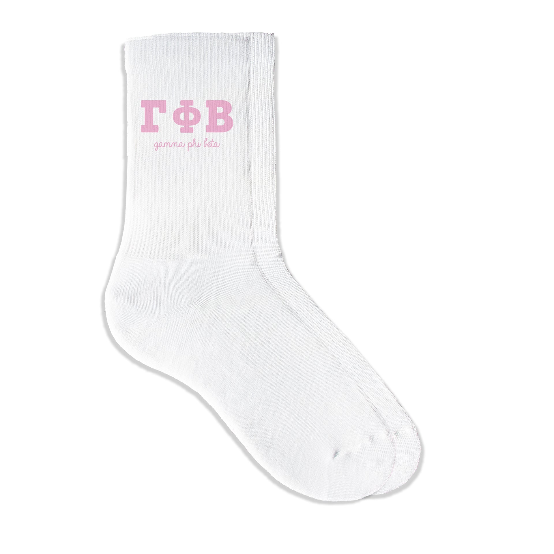 Gamma Phi Beta sorority crew socks featuring Greek letters and sorority name on white sporty crew socks