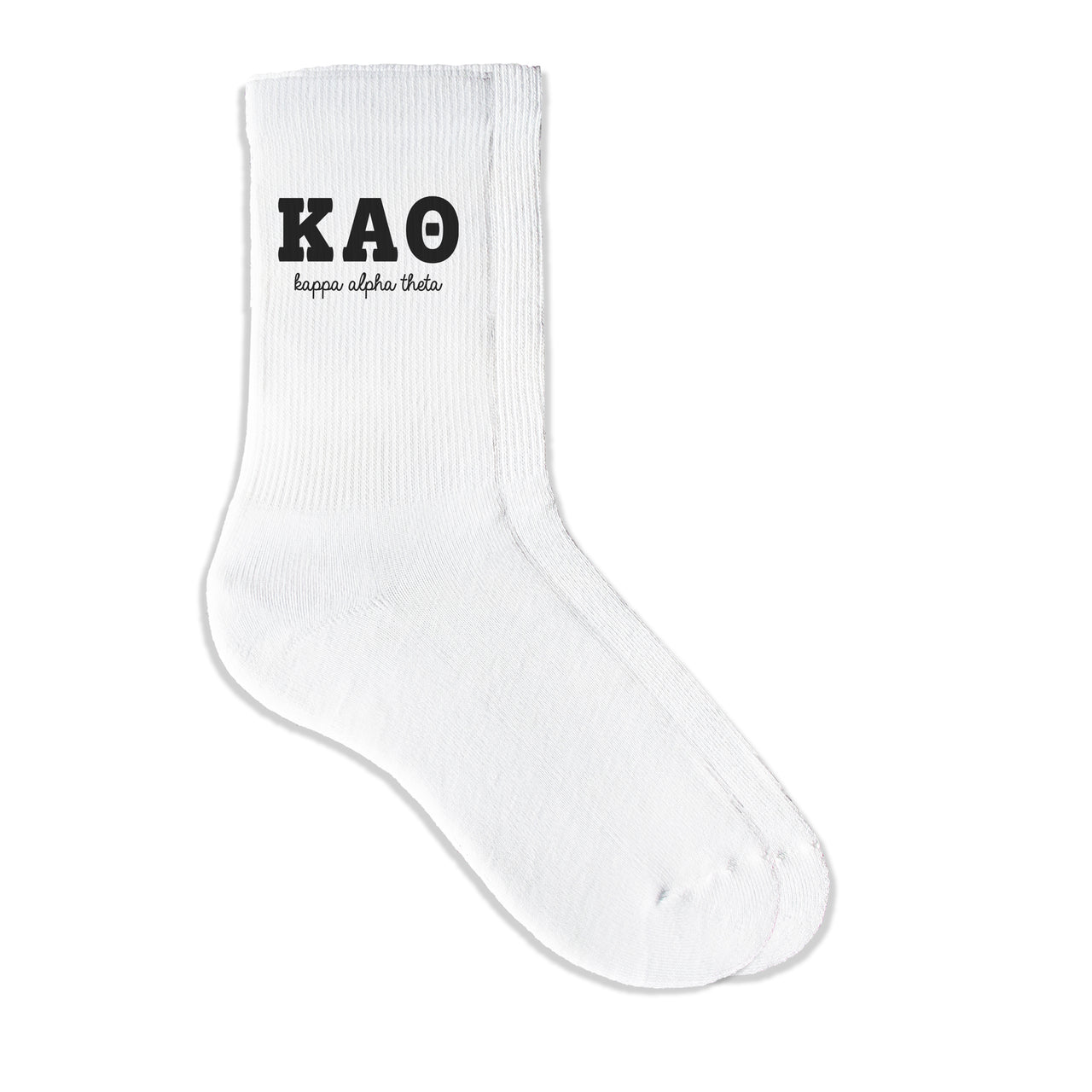 Kappa Alpha Theta sorority crew socks featuring Greek letters and sorority name on white sporty crew socks