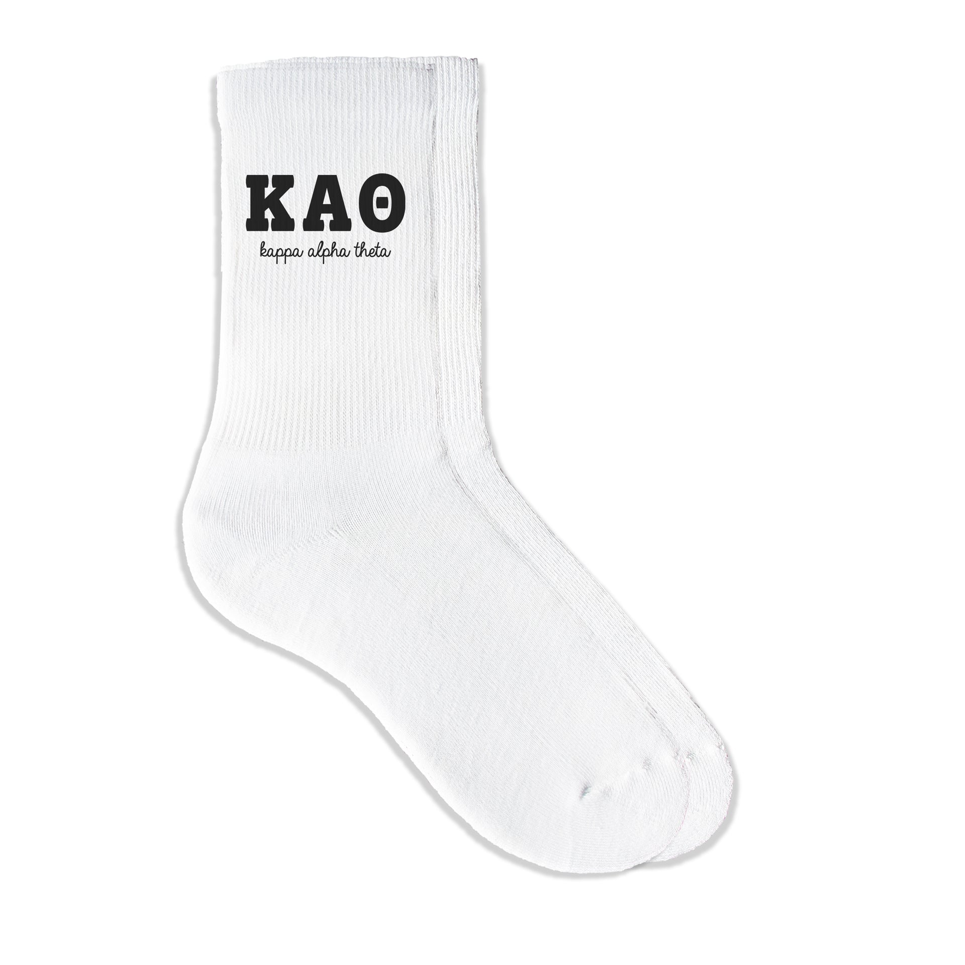 Kappa Alpha Theta sorority crew socks featuring Greek letters and sorority name on white sporty crew socks