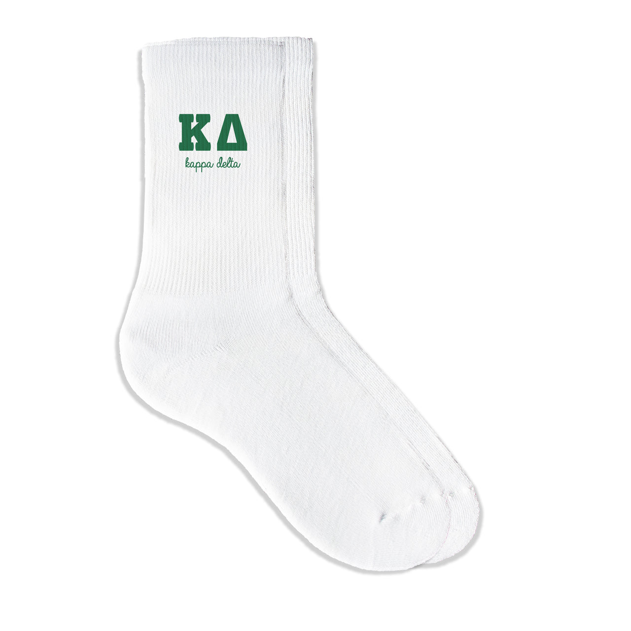 Kappa Delta sorority crew socks featuring Greek letters and sorority name on white sporty crew socks