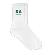 Kappa Delta sorority crew socks featuring Greek letters and sorority name on white sporty crew socks