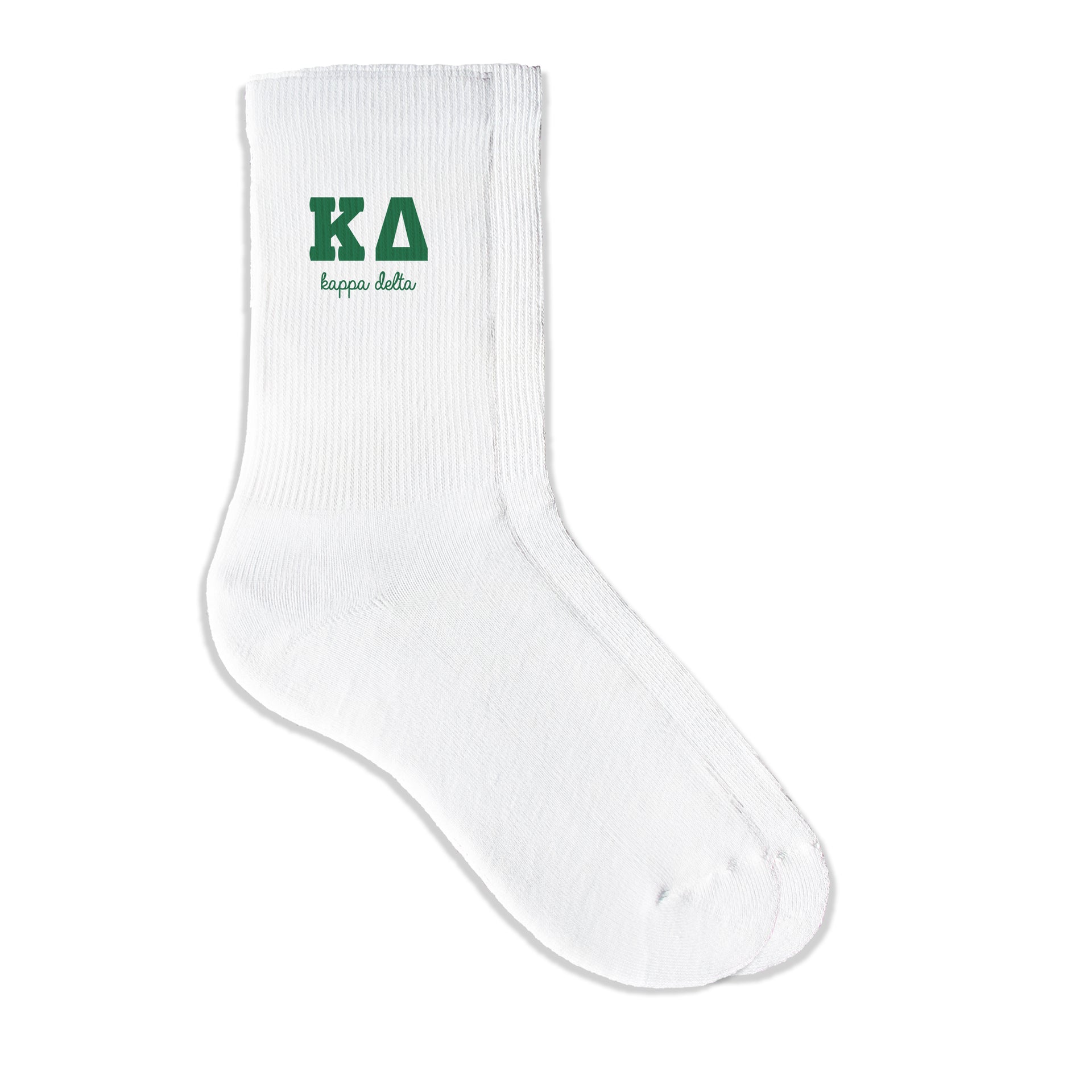 Kappa Delta sorority crew socks featuring Greek letters and sorority name on white sporty crew socks