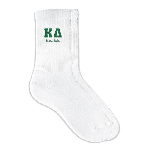 Kappa Delta sorority crew socks featuring Greek letters and sorority name on white sporty crew socks