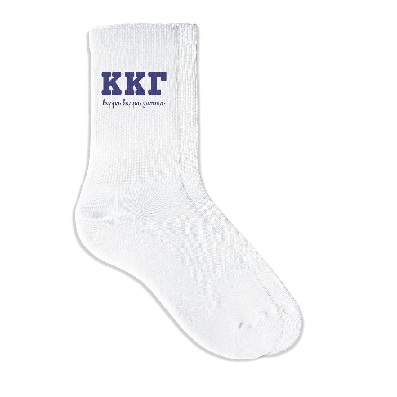 Kappa Kappa Gamma sorority crew socks featuring Greek letters and sorority name on white sporty crew socks