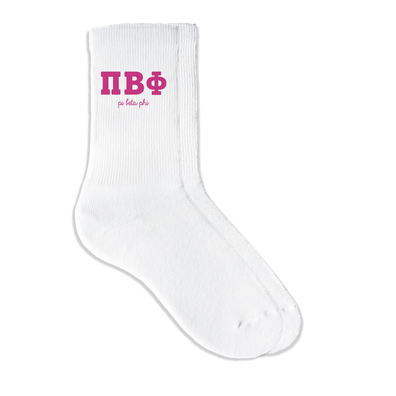 Pi Beta Phi sorority crew socks featuring Greek letters and sorority name on white sporty crew socks