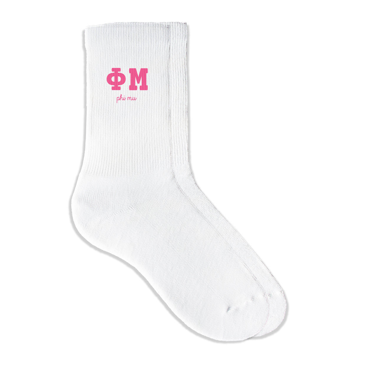 Phi Mu sorority crew socks featuring Greek letters and sorority name on white sporty crew socks