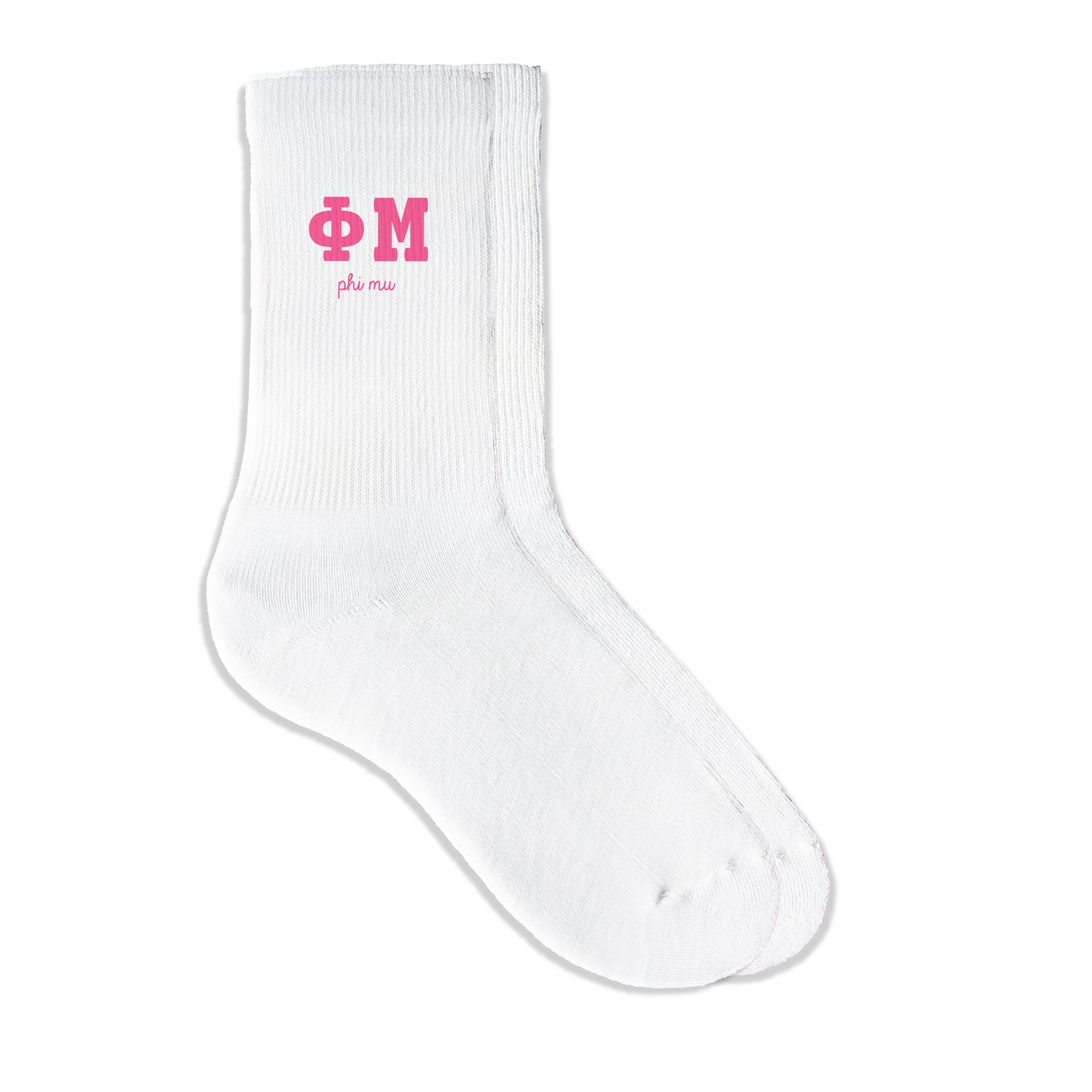 Phi Mu sorority crew socks featuring Greek letters and sorority name on white sporty crew socks