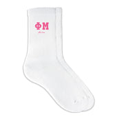 Phi Sigma Sigma sorority crew socks featuring Greek letters and sorority name on white sporty crew socks