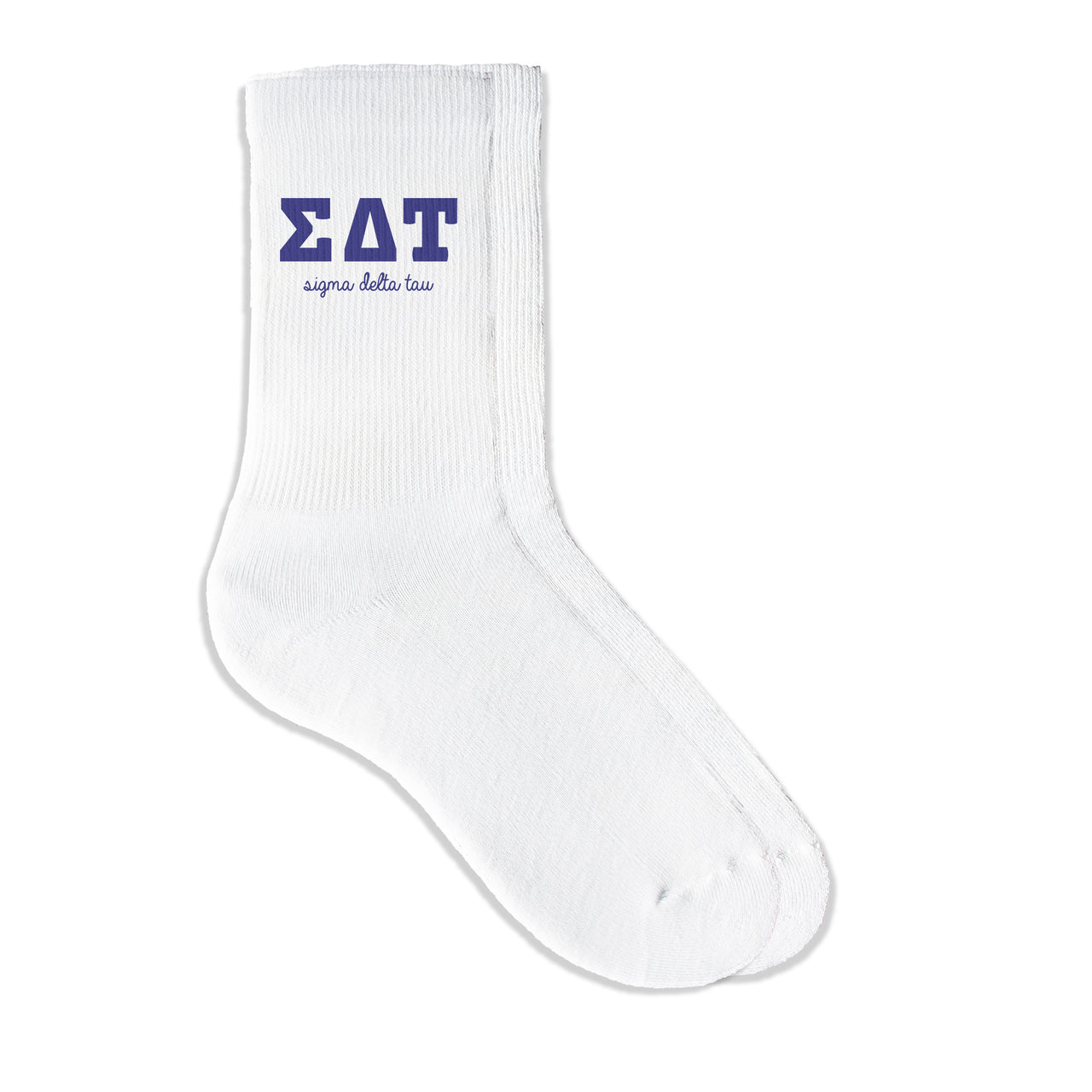 Sigma Delta Tau sorority crew socks featuring Greek letters and sorority name on white sporty crew socks