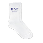 Sigma Delta Tau sorority crew socks featuring Greek letters and sorority name on white sporty crew socks