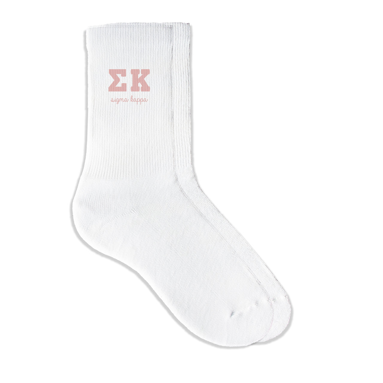 Sigma Kappa sorority crew socks featuring Greek letters and sorority name on white sporty crew socks