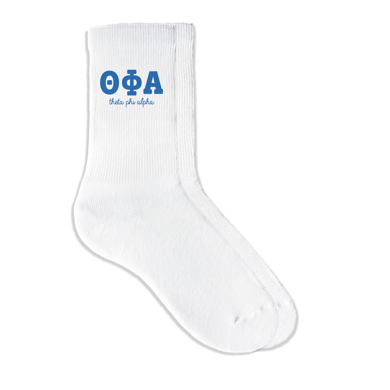 Theta Phi Alpha sorority crew socks featuring Greek letters and sorority name on white sporty crew socks