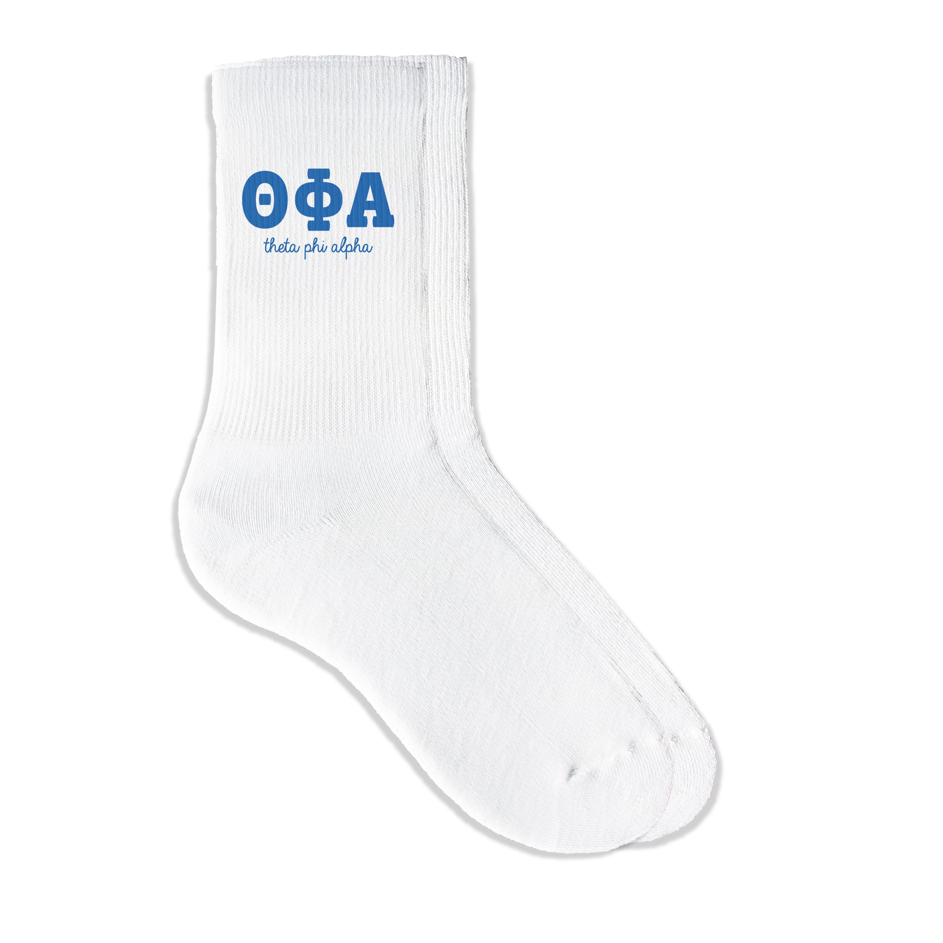 Theta Phi Alpha sorority crew socks featuring Greek letters and sorority name on white sporty crew socks