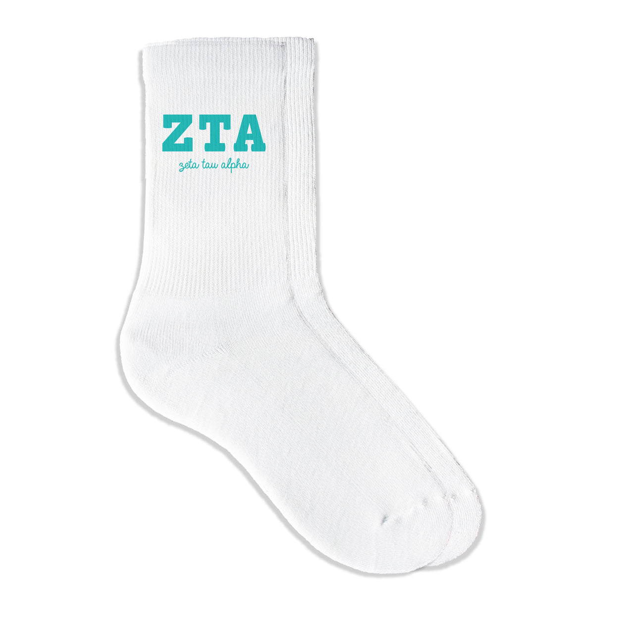 Zeta Tau Alpha sorority crew socks featuring Greek letters and sorority name on white sporty crew socks