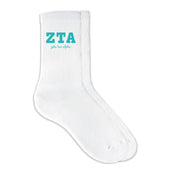 Zeta Tau Alpha sorority crew socks featuring Greek letters and sorority name on white sporty crew socks