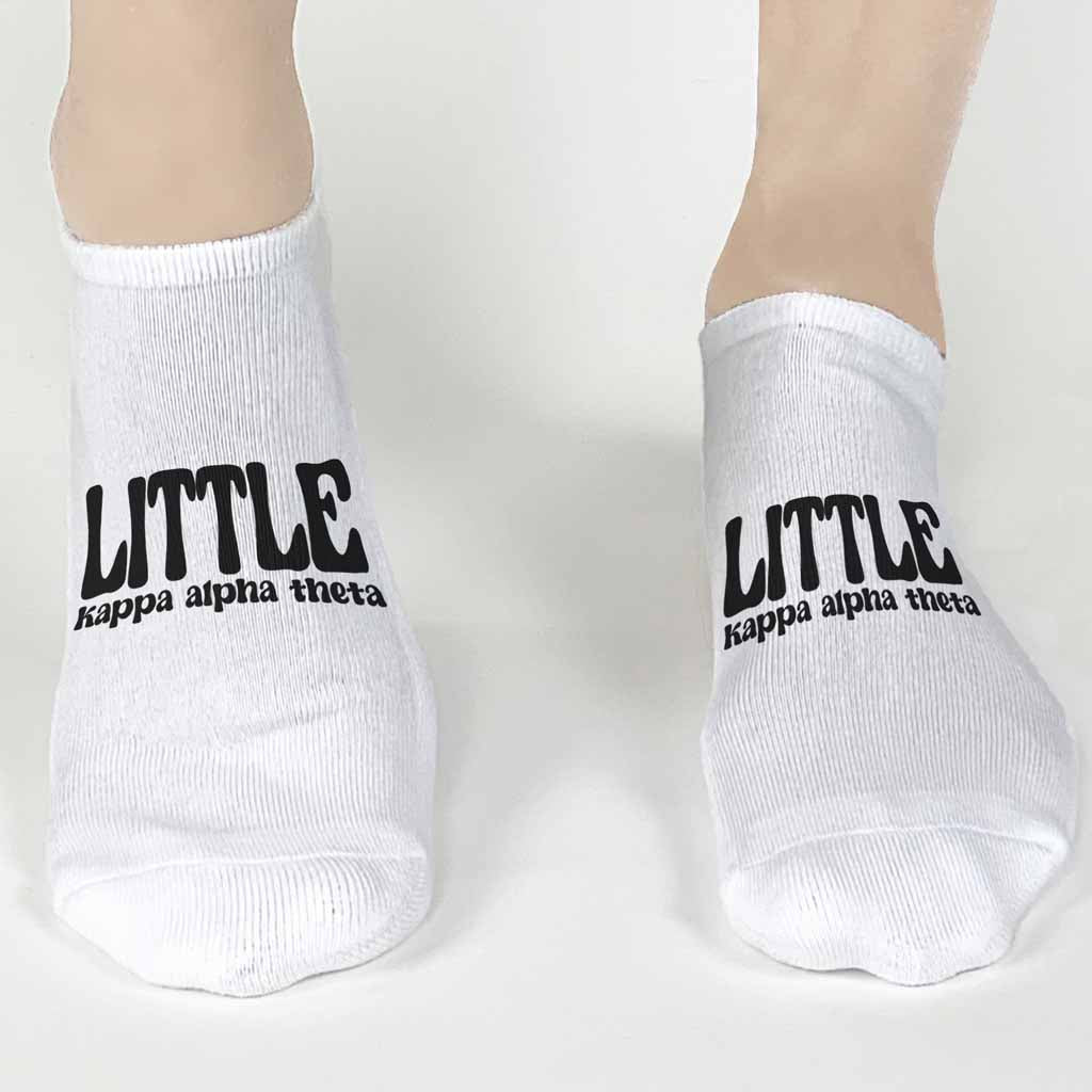 Fun Kappa Alpha Theta big or little sorority design digitally printed on the top of comfy white cotton no show socks.
