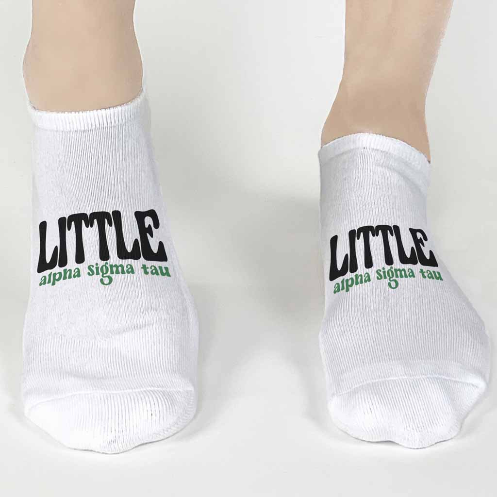 Fun Alpha Sigma Tau no show socks for bigs or littles custom printed on comfy white cotton no show socks.