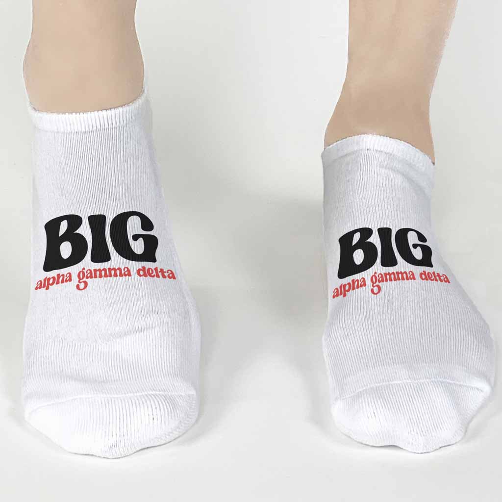 Fun big or little Alpha Gamma Delta design custom printed on white cotton no show socks.