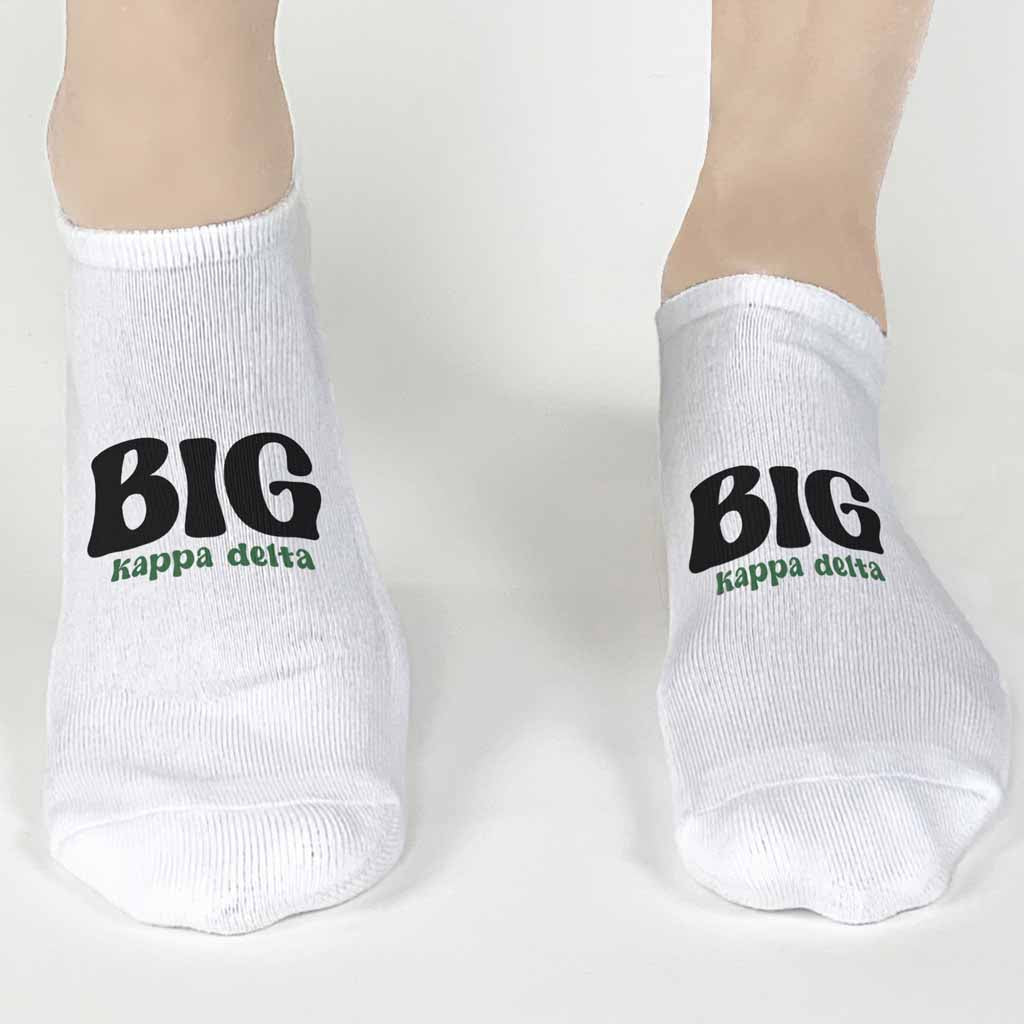Custom printed Kappa Delta Big or Little design digitally printed on white no show socks make the perfect gift for your sorority sisters.