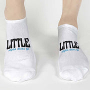 Fun Alpha Delta Pi sorority name big or little design custom printed on the top of white cotton no show socks.