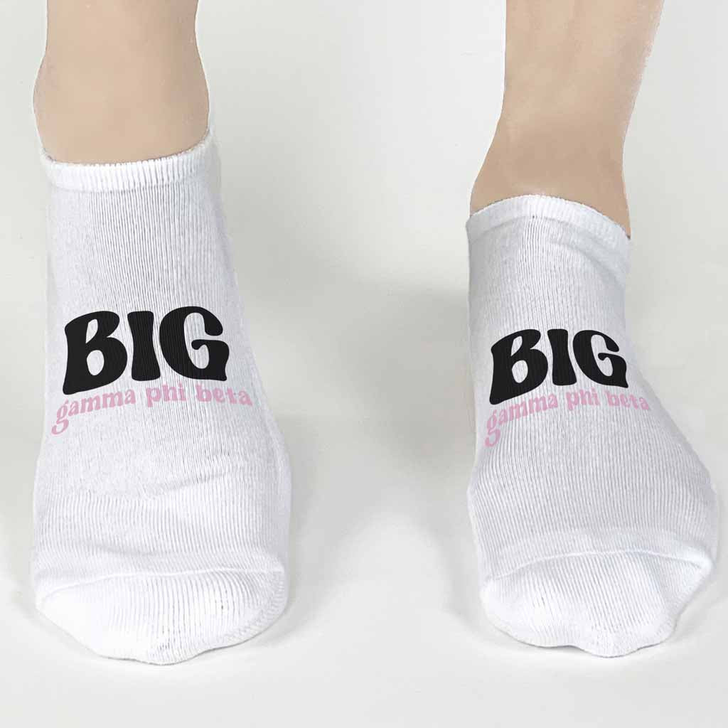 Gamma Phi Beta big and little designs custom printed on comfy white cotton no show socks.