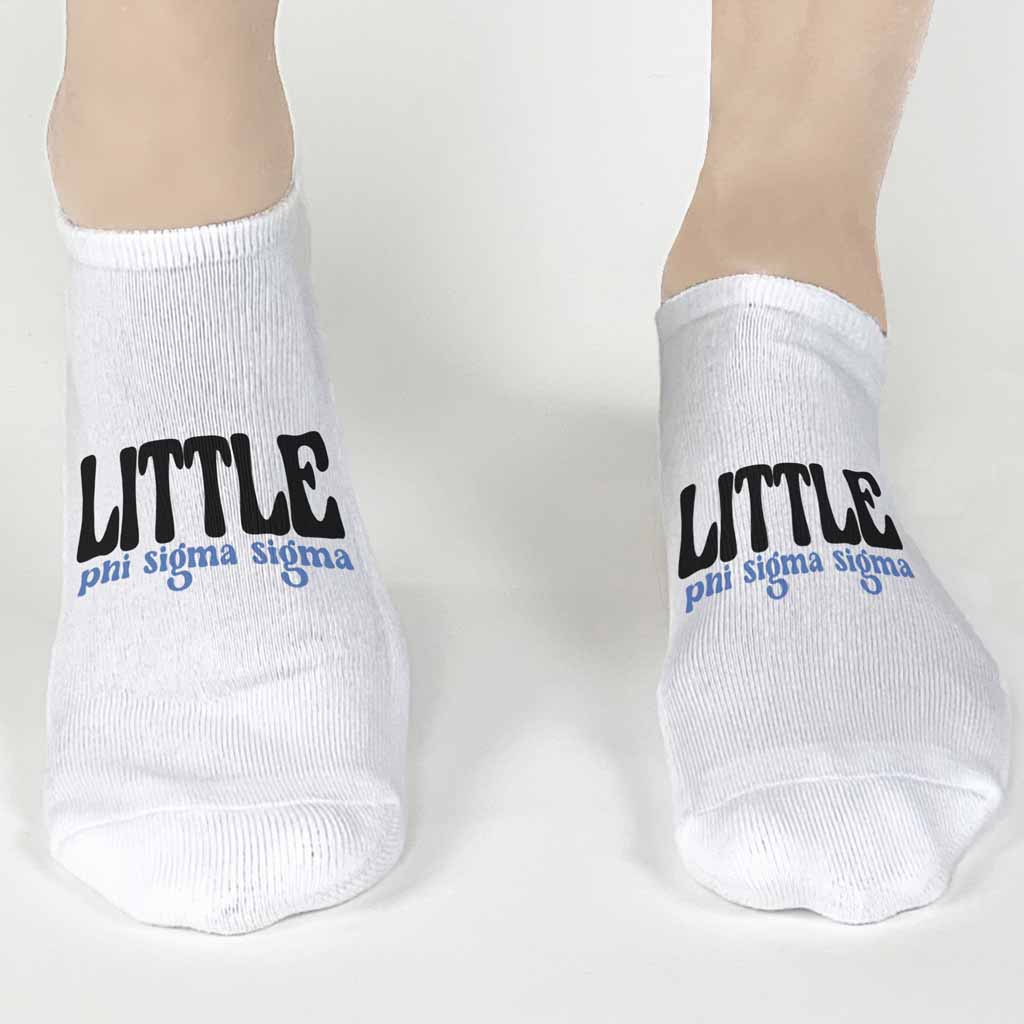Soft and comfortable white cotton no show socks custom printed with Phi Sigma Sigma Big or Little design by sockprints.
