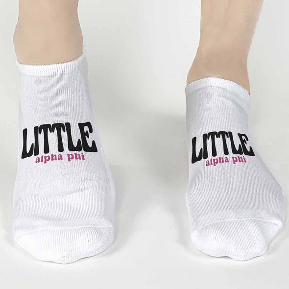 Big and Little Alpha Phi sorority name printed on white cotton no show socks.