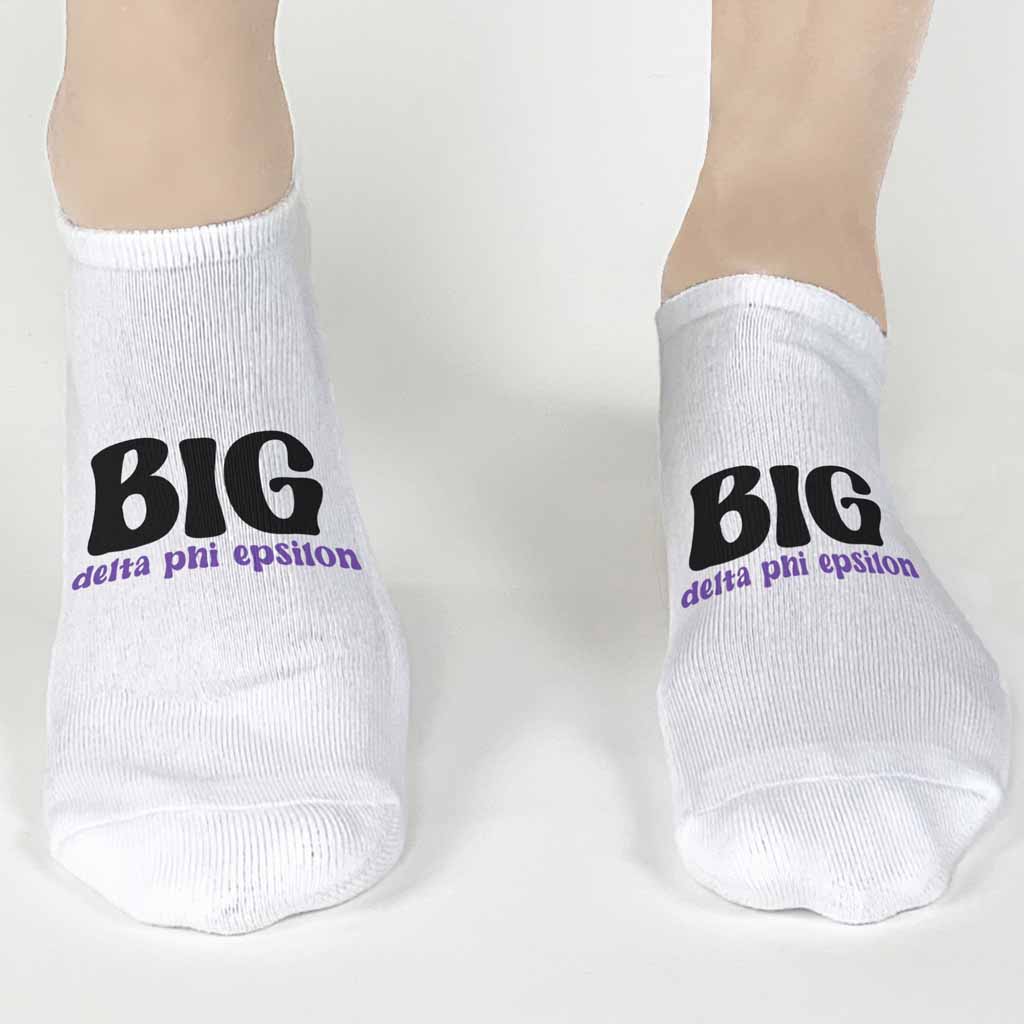 Big and Little Delta Phi Epsilon sorority design digitally printed on comfy white cotton no show socks.