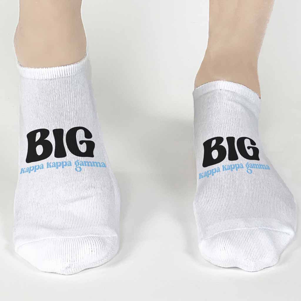 Fun Kappa Kappa Gamma Big and Little designs custom printed on comfy white cotton no show socks.