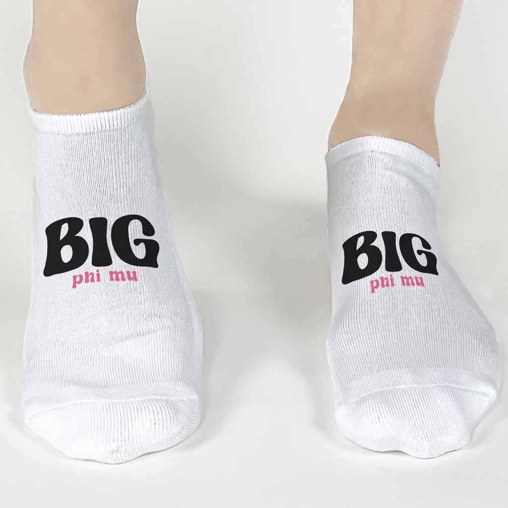 Super cute Phi Mu Big and Little designs digitally printed on the top of the white cotton no show socks.