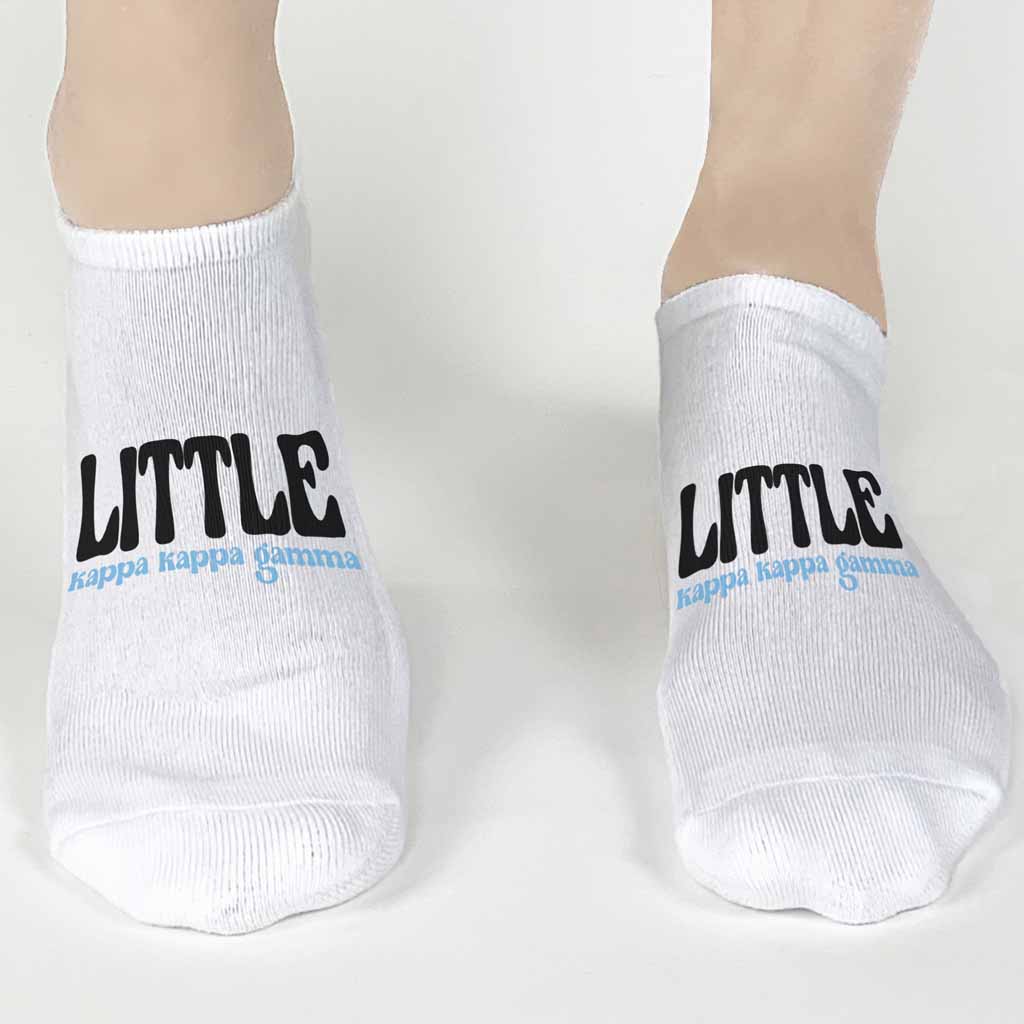 Kappa Kappa Gamma Big and Little sorority designs custom printed on the top of cotton no show socks.