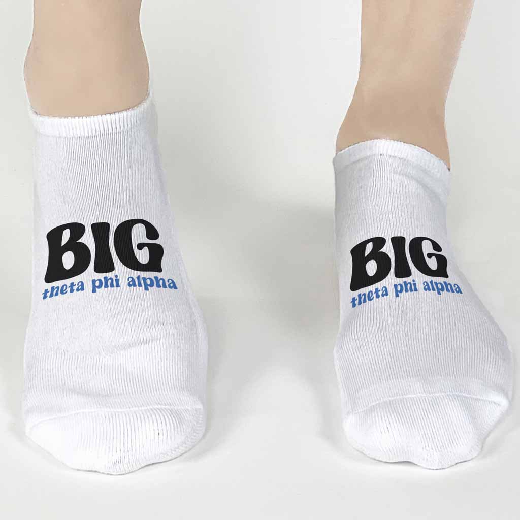 Fun Theta Phi Alpha no show socks custom printed big and little design make a great gift for your sorority sisters.