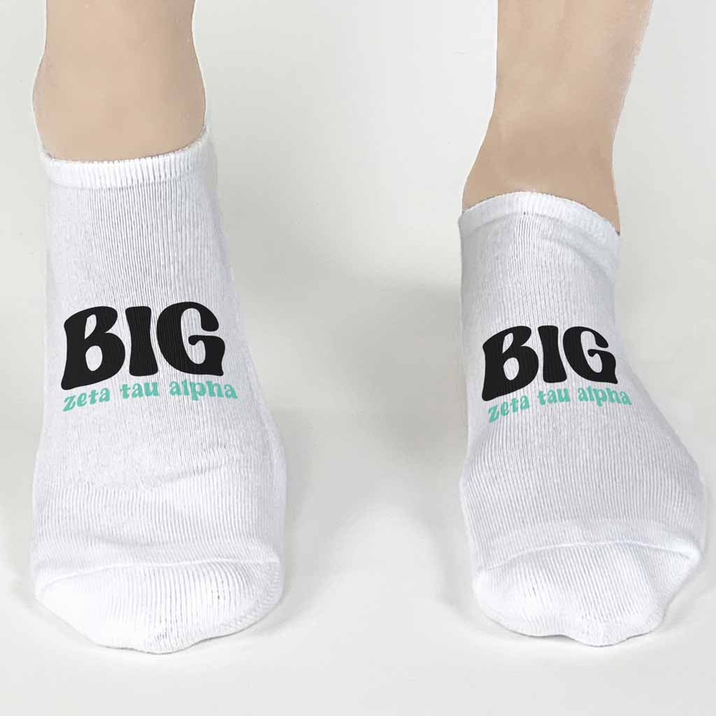 Zeta Tau Alpha Big and Little designs custom printed on white cotton no show socks.