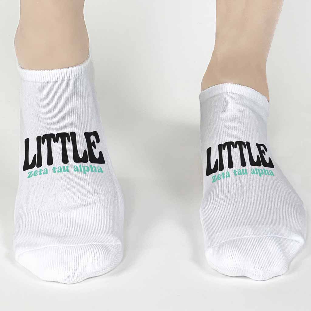 Fun Zeta Tau Alpha white cotton no show socks custom printed with Big and Little design.