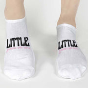 Fun Gamma Phi Beta big and little designs on white cotton no show socks.