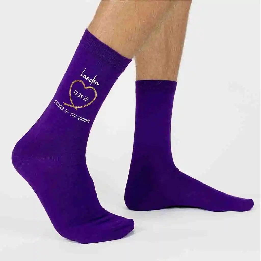 The perfect gift for your wedding party these custom printed flat knit dress socks digitally printed western theme design and personalized with your role and wedding date.
