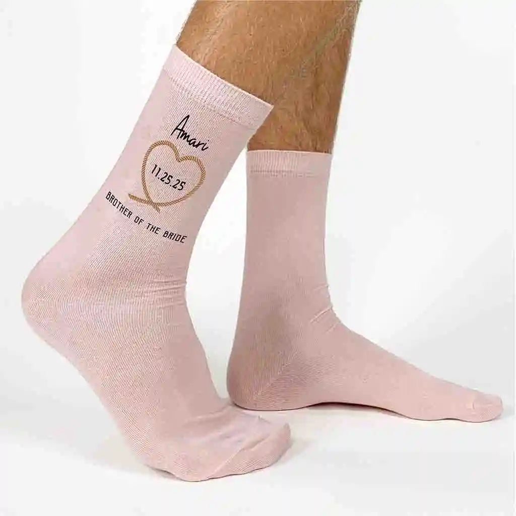 Blush flat knit dress socks custom printed with ranch theme design and personalized with your wedding role and date.