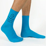 Fun personalized turquoise flat knit dress socks digitally printed western theme design and personalized with your wedding date and role.