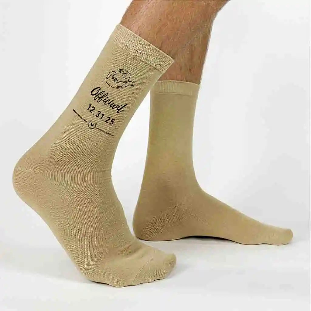 Western theme wedding socks custom printed and personalized with your role and wedding date.