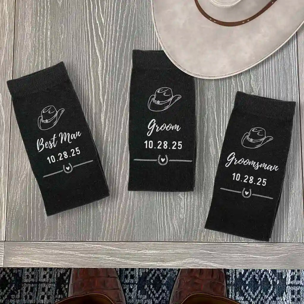 Cowboy hat rustic western design custom printed on flat knit dress socks personalized with your date, and wedding role.
